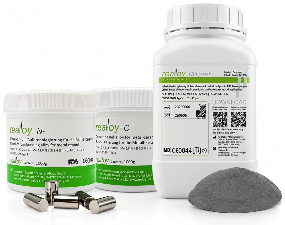 realloy N, realloy Cobalt-Chrome and realloy CH powder containers