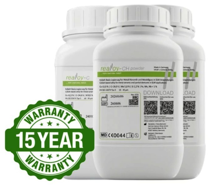 realloy CH powder containers with the 15 year warranty seal